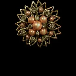 Vintage Goldtone  3 Dimensional Flower Brooch With Gorgeous Pink Faux Pearls & Clear Glass Rhinestones .
