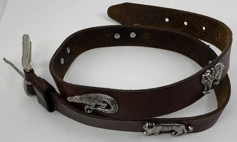 Vintage 90s CAPEZIO Brown Leather Wildlife Safari Concho Belt M/L Silver Tone