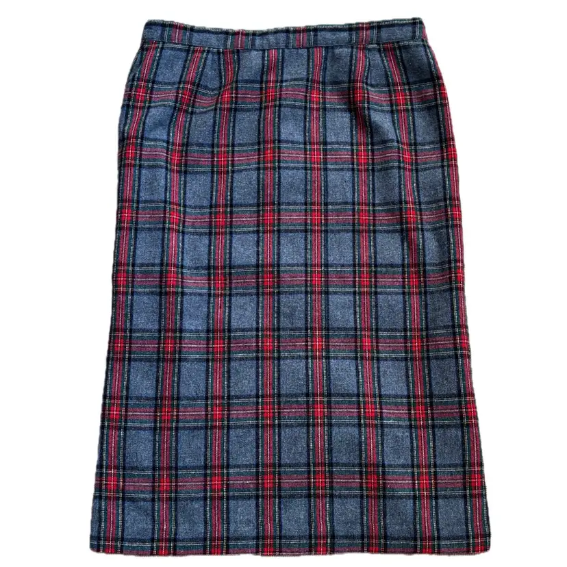 Vintage Gray Plaid Straight Midi Skirt Fits M L Red Green Wool Blend Preppy Christmas