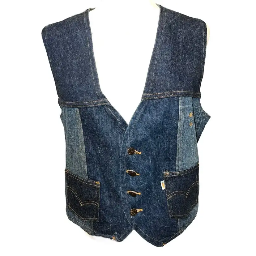 Vintage 1970s Levi's Fresh Produce Selvedge Patchwork Buckle Back Vest Sz Large