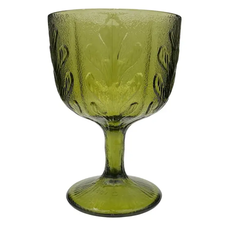 Vintage 1975 FTD Avocado Green Glass Goblet, Embossed Oak Leaf