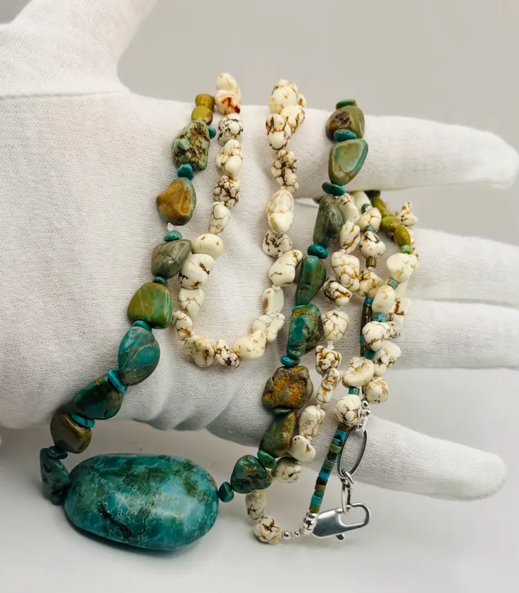Buffalo & Arizona Turquoise Bead Necklace Multi-Strand 25” Sterling Clasp