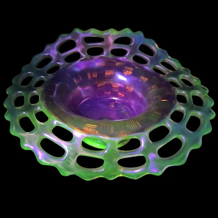 Fenton Marigold Carnival Uranium Glass Open Edge Basket Weave Bowl, Uranium Marigold Carnival Glass Lace Edge Basket Bowl Or Bon Bon Dish, Vintage Fenton Glass Basket Bowl