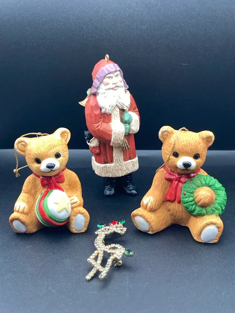 Christmas Gift Drop Off Vignette! Vintage Rhinestone Gold Tone Reindeer Brooch (2 1/2” Tall 1 1/4” Wide) Vintage 1986 Hallmark Cards Santa Ornament (4 1/2” Tall 2” Wide) 2 Teddy Bear Ornaments (1 1/2” x 2 1/2”)