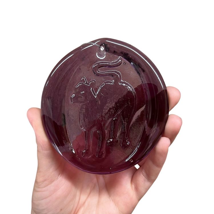 Pressed Glass Cat Laying Down Suncatcher, Purple Glass Sun Catcher, Purple Glass Cat Ornament, Wall Hanging, Purple Cat Art Glass Medallion, Decorative Glass Disk, Amethyst Glass Cat Suncatcher