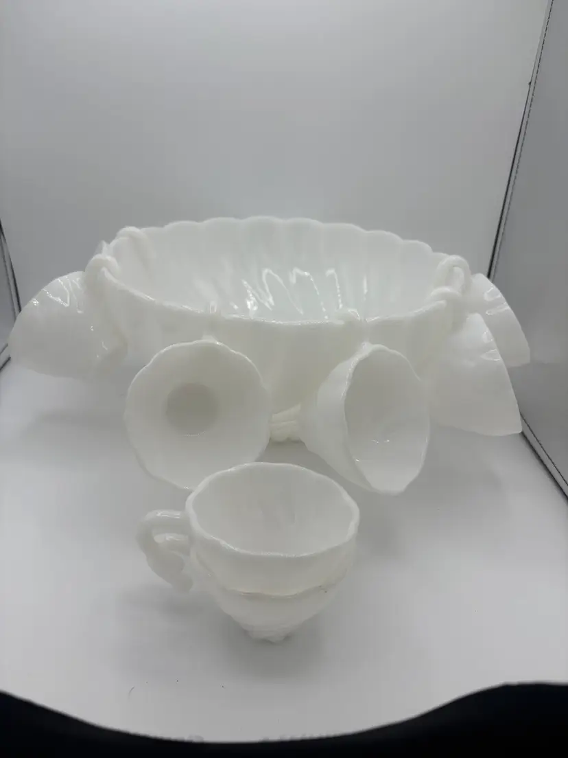 Hazel Atlas Alpine White Swirled Milk Glass Punch Set W/eight Cups