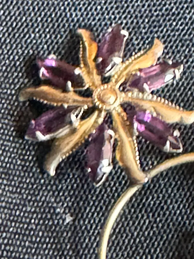 MCM Vintage CURTMAN 1/20 12K Gold Filled Purple Rhinestone Flower Brooch 3.25” X 2.25” - Circa 1943 - 1950s