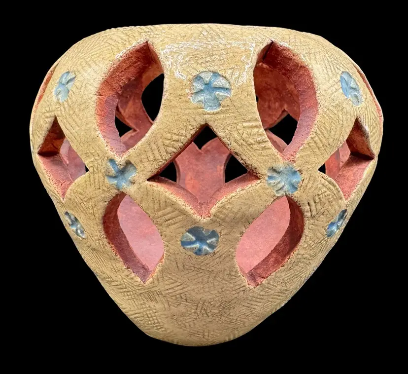 Signed AP Studio Art Pottery Luminary Candle Holder Cutout Beige Blue Terracotta