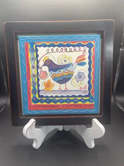 Folk Art Style Chicken Framed Painted Tile