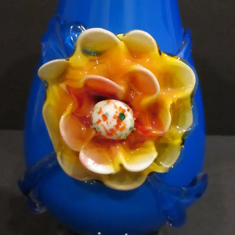 VINTAGE Plum Blossom Blue & White Cased Glass Vase w/ Applied Flower & Handles - 1970s Taiwan