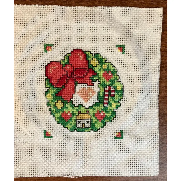 Handstitched Cross Stitch Christmas Wreath with Frame