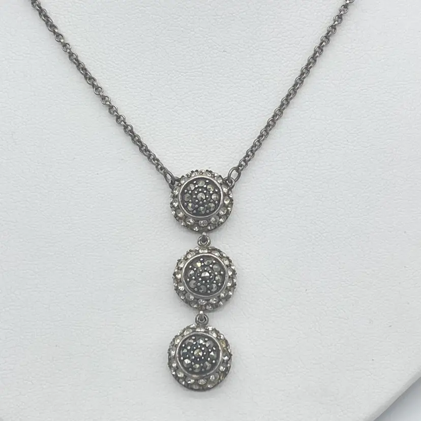 Vintage Sterling Silver Pave Marcasite CZ Triple Drop Necklace Marked A 925