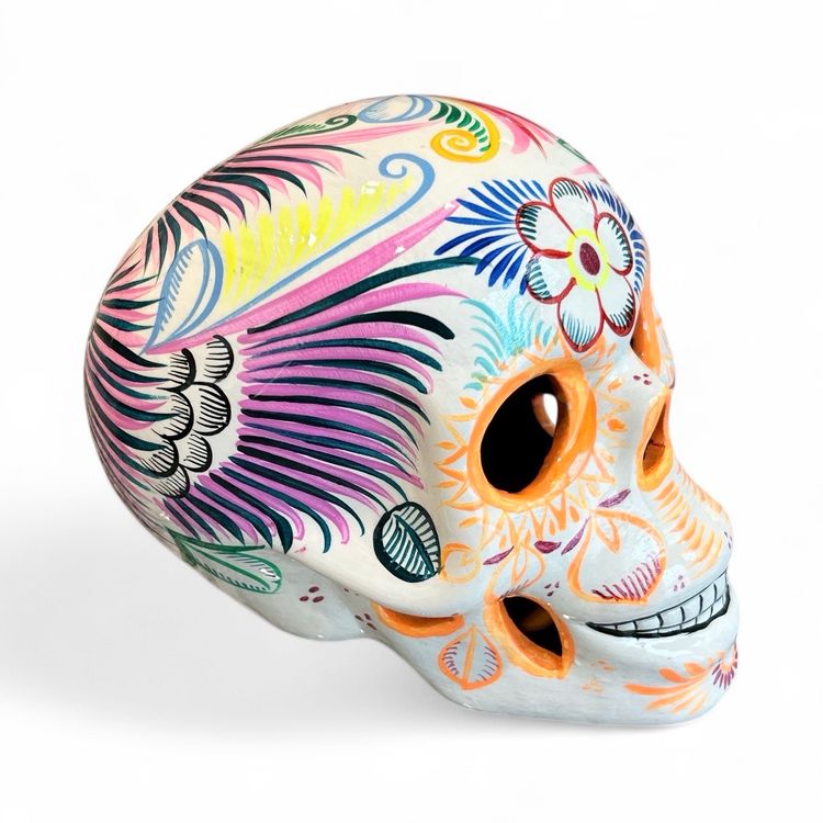 Large Hand Painted Sugar Ceramic Day Of The Dead Skull Figurine