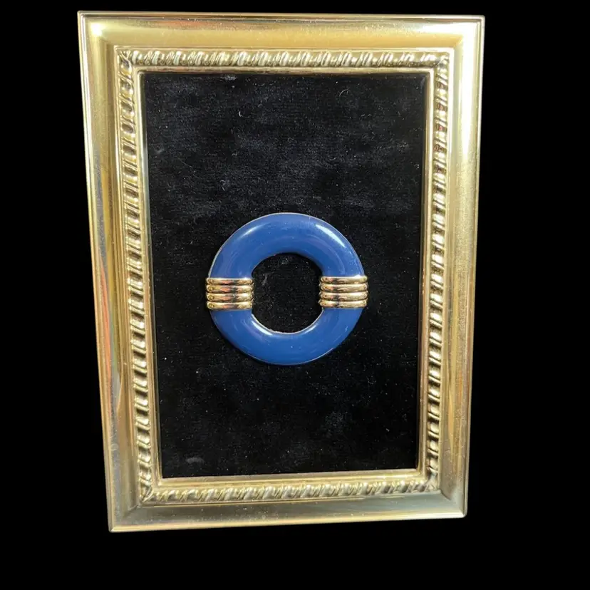 Vintage Circular Gold Tone & Navy Blue Brooch