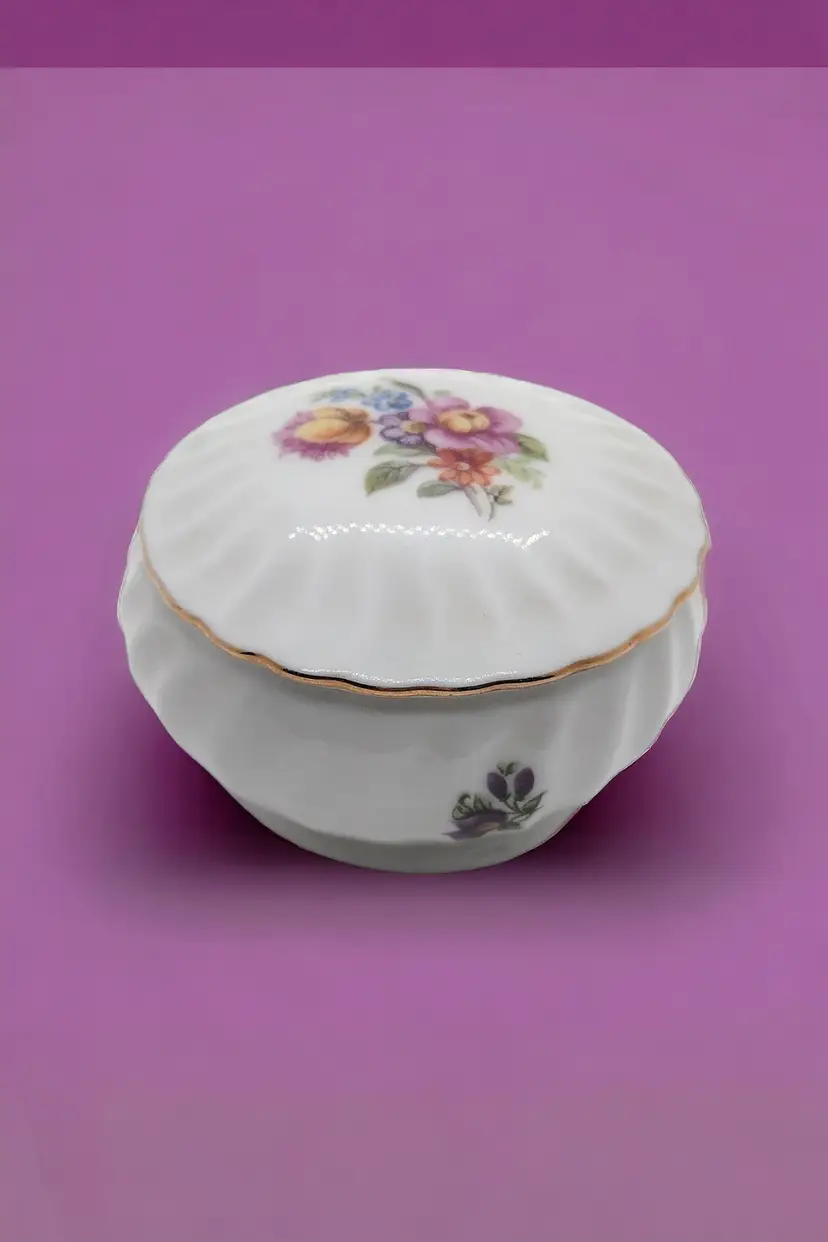 GDR Germany 1877 Floral Porcelain Trinket Box Vintage Blue Crown Swirled Lidded