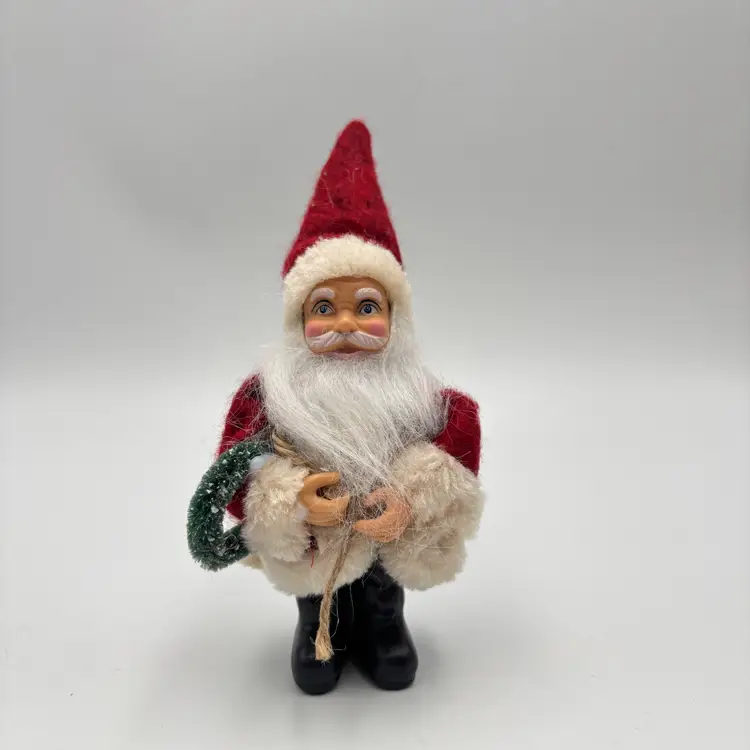 Santa Claus Figurine Felt Hat, Faux Fur Coat, Bottle Brush Wreath Vintage Style