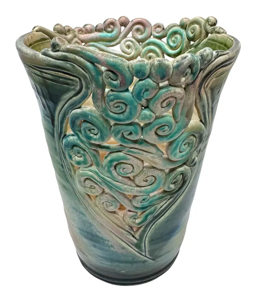 Signed Freeform Art Pottery Coil Vase Artist Swirl Blue Green Handmade Vessel 9”