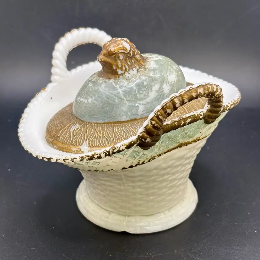 Antique Westmoreland Milk Glass Candy Dish Basket Chick On Nest 4”x5”