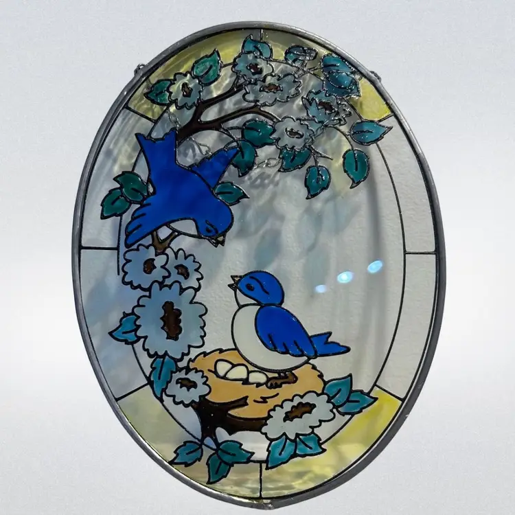 Glass Sun Catcher Blue Birds on Nest Spring Flowers Leaves Oval 9” x 6.5”