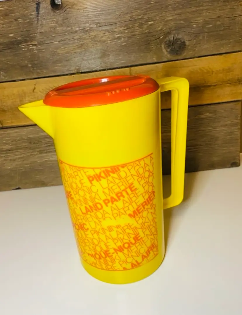 Vintage Yellow Plastic Juice Pitcher with Orange Lid Mid Century Modern Retro Pop Art Boho
