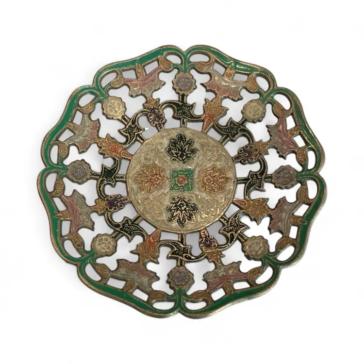 Vintage Brass Enameled Trinket Dish With Floral Design And Scalloped Cut Out Edges