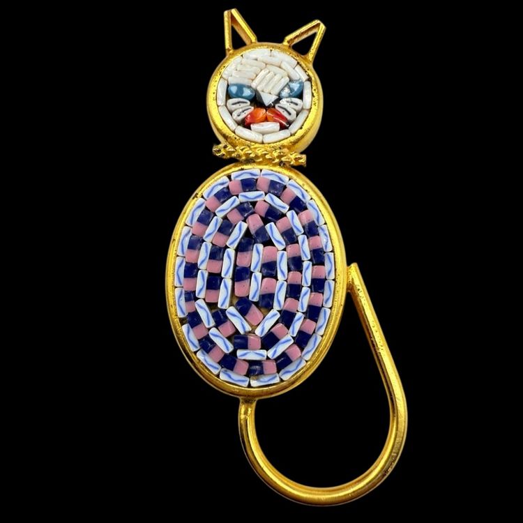 Cat Brooch Micro Mosaic Multi Color Tiles Made In Italy Gold Tone 2 1/4"