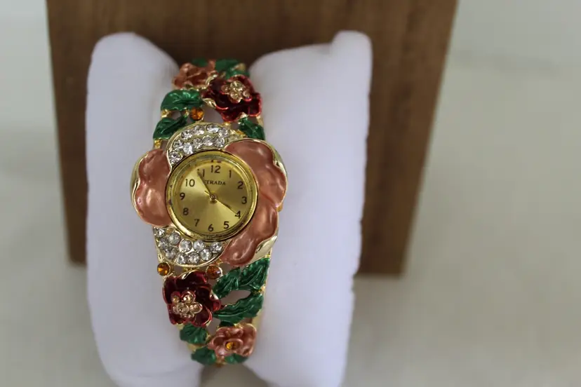 Brand New Pink  and Red Enamel Flowers Crystal Bracelet Watch by Strada