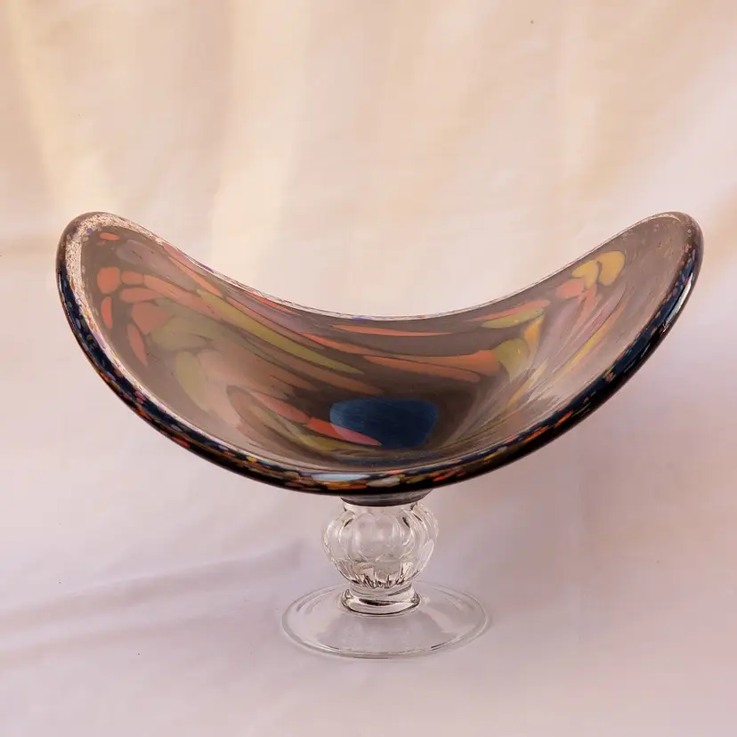 Studio Art Glass Compote Bowl Handblown with Clear Pedestal Large 15.25" Vintage