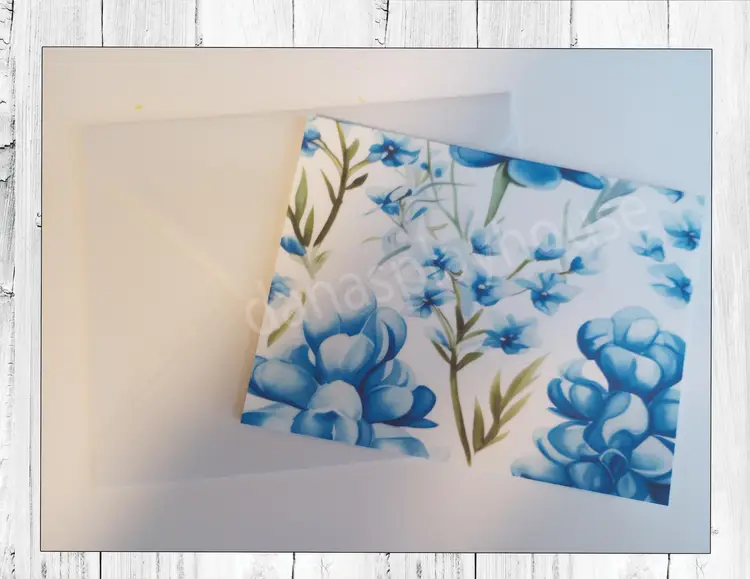 Bluebonnets Folded Notecard Set of 5, envelope seals, cardstock velcro pouch, blank cards, set of cards