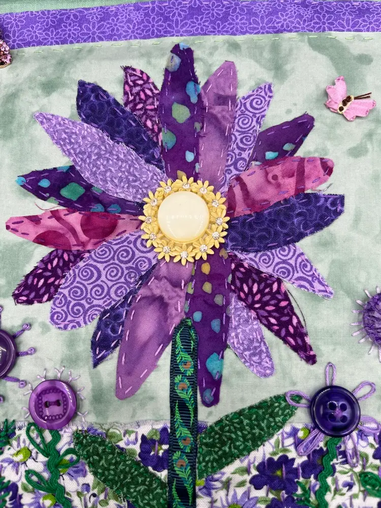 Made By Me Fabric Collage “Purple Flowers” 12”x12” (shadowbox frame can be included)