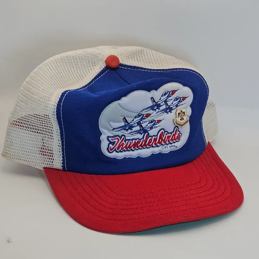 1983 USAF Thunderbirds Trucker Hat + Official Thunderbirds Pin – Rare Airshow Collectible