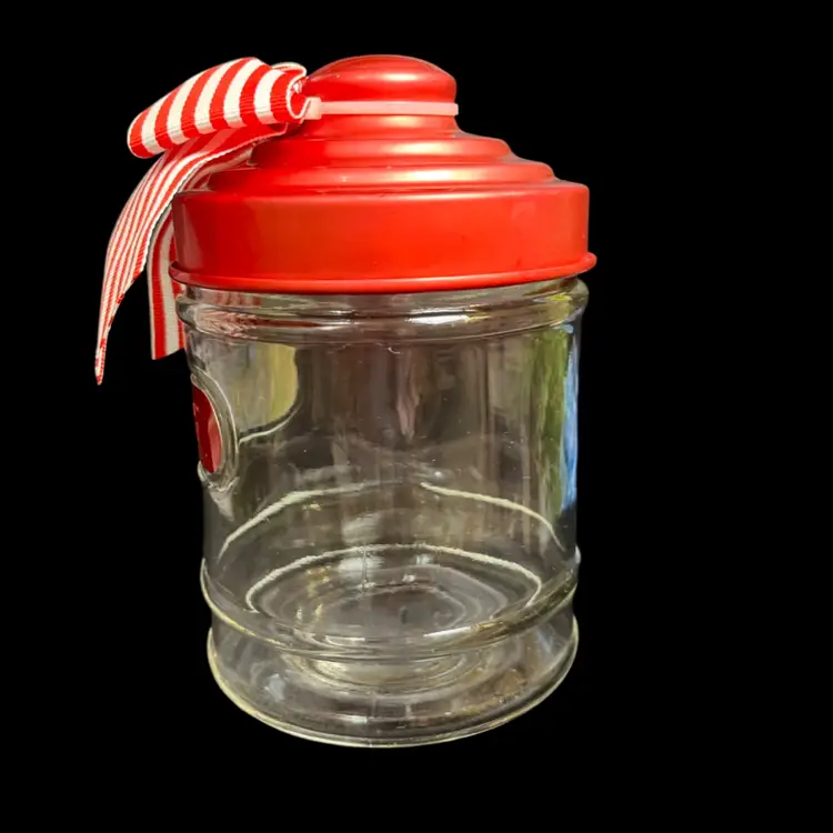 Glass "CANDY" Canister w/ Metal Lid & Topped Off w/ a Festive Red & White Bow