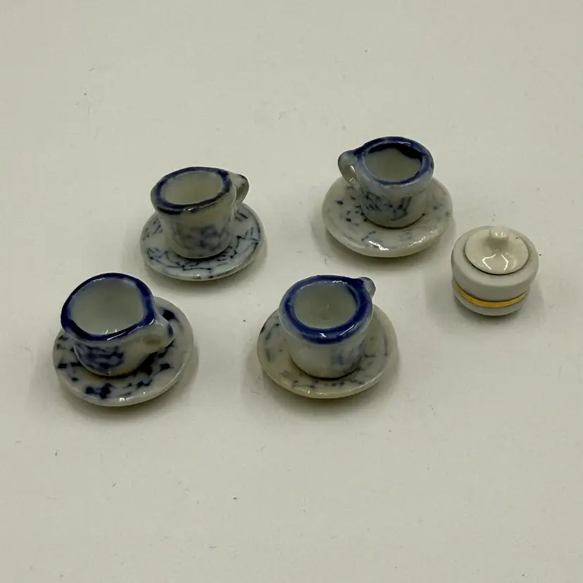 Miniature Mini Ceramic Cups Saucers Sugar Bowl Doll House Set