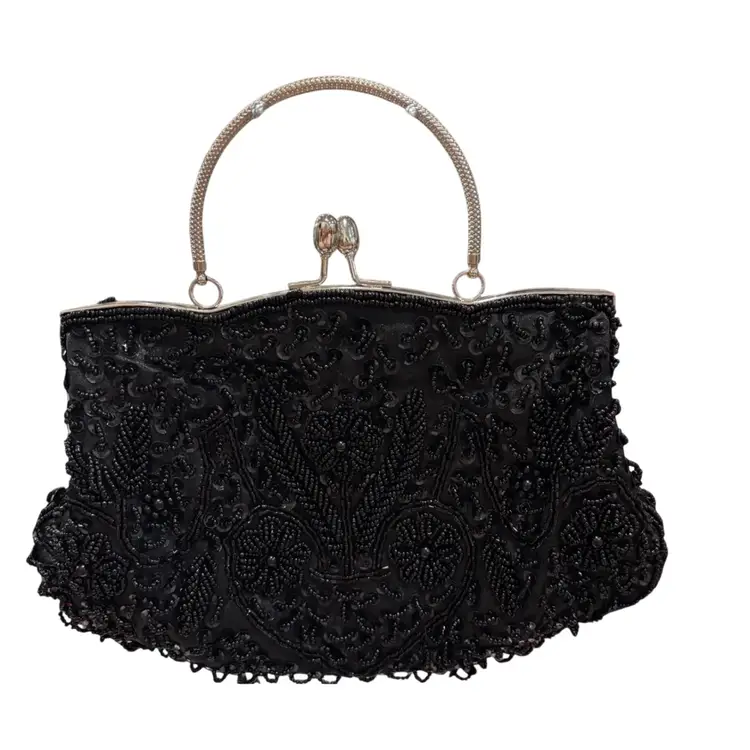 🖤 Vintage Black Beaded Evening Bag / Clutch with Handle & Chain Strap 🖤