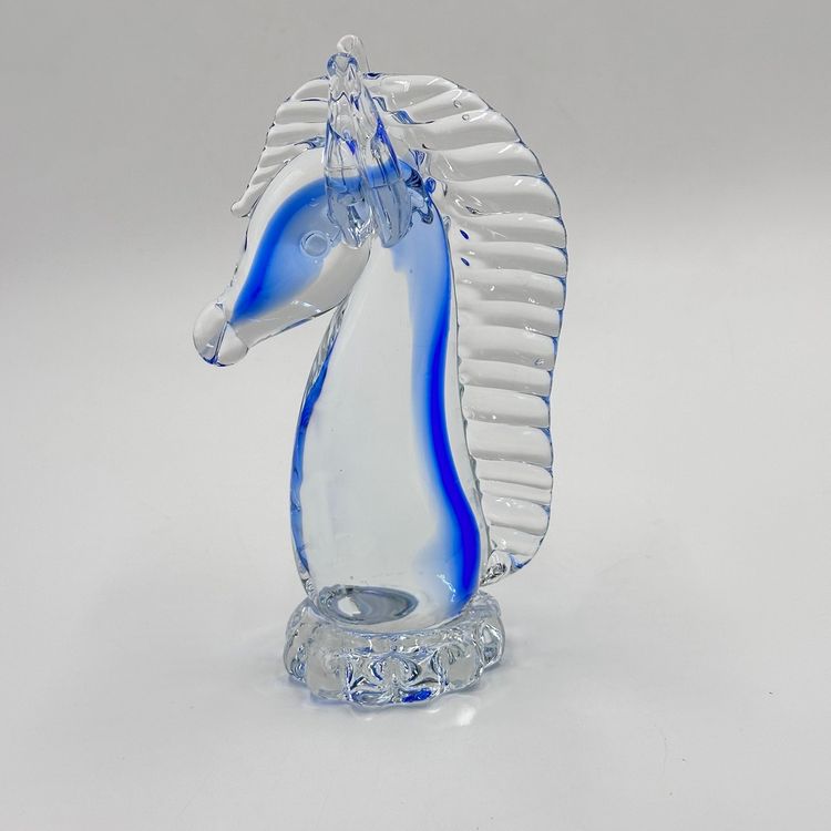 Horse Head Bust Blue Clear Glass Elegant Blown Art Glass Paperweight Figurine
