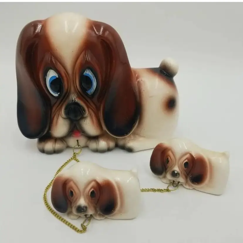 Vintage Ceramic Bassett Hound Figurine Chained To Hound Puppies Japan