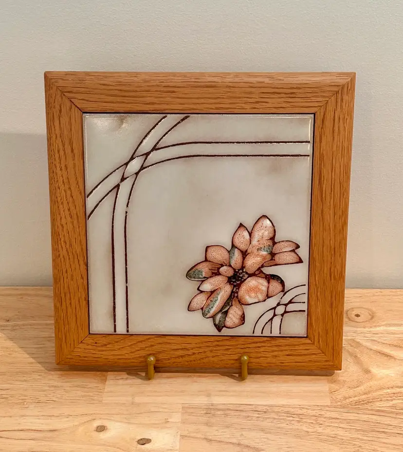 Decorative Italian Ceramic Wall Plaque Tile Flower Plant Trivet Wood Frame