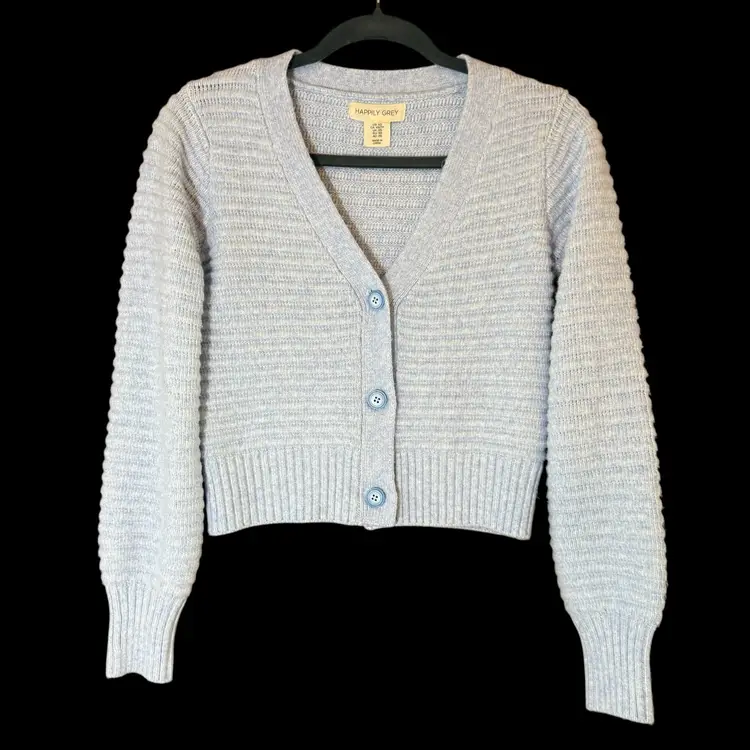Happily Grey Cropped Cardigan Sweater Soft Heathered Blue Size XS Ribbed Knit