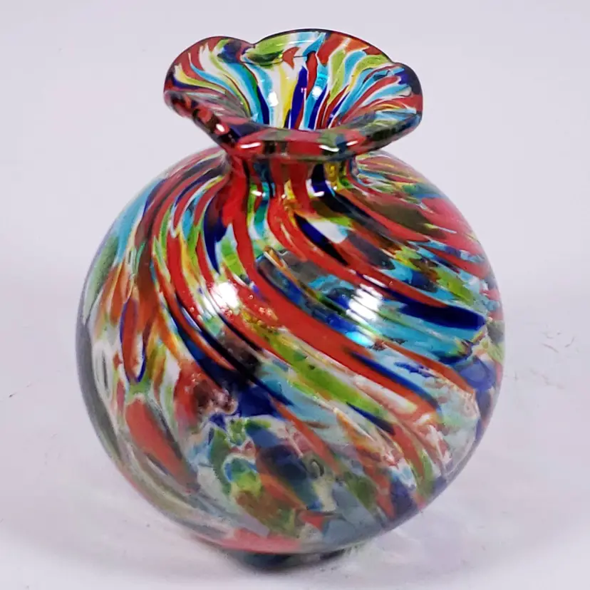 Hand Blown CONFETTI Cobalt Red Yellow Green Pulled Swirl Art Glass BUD VASE