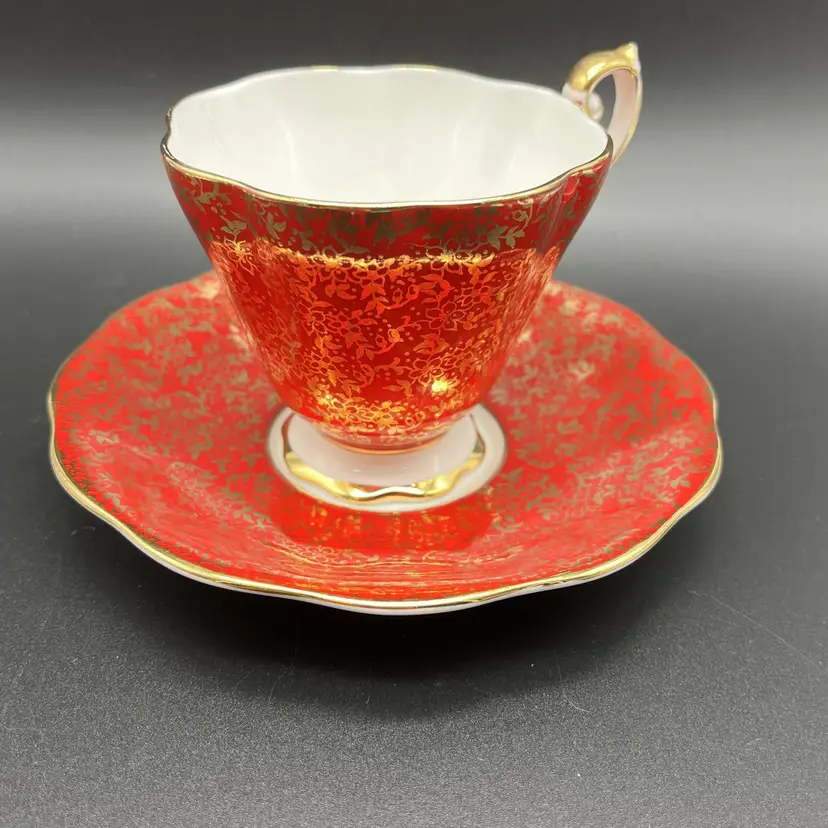 Royal Standard England Teacup & Saucer Red Gold Trim Bone China