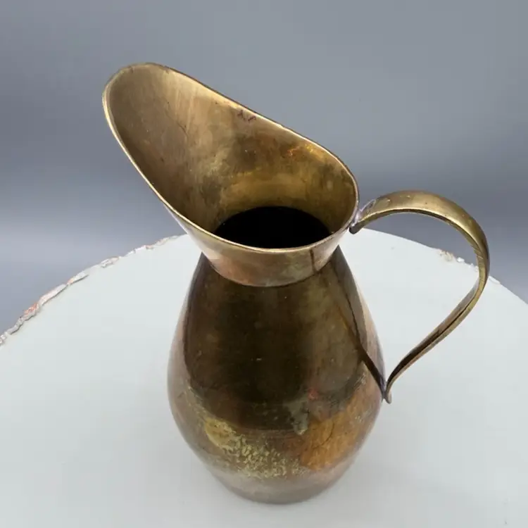 Hammered Brass Jug Pitcher With Simple Loop Handle And Exaggerated Spout