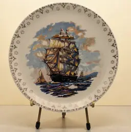 Vintage Sailing Ship Vessel Schooner Ceramic Plate Gold Filigree Edge 7.25"