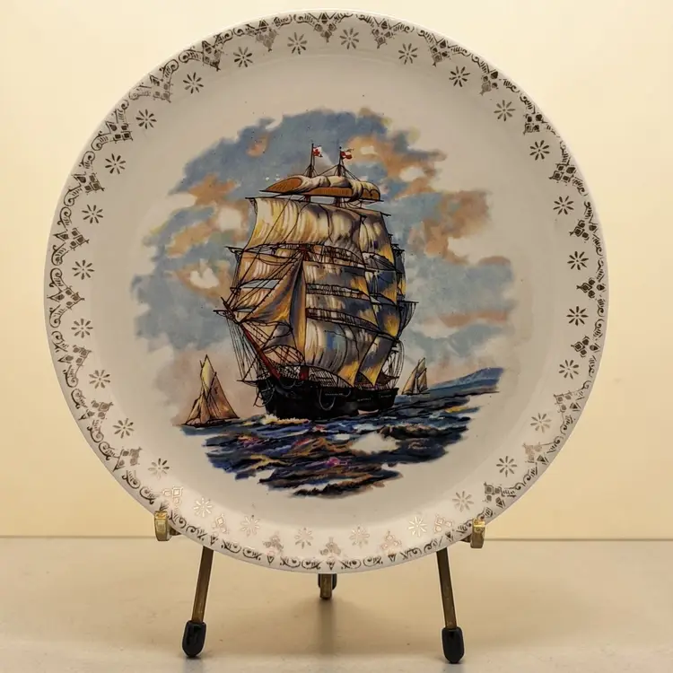 Vintage Sailing Ship Vessel Schooner Ceramic Plate Gold Filigree Edge 7.25"