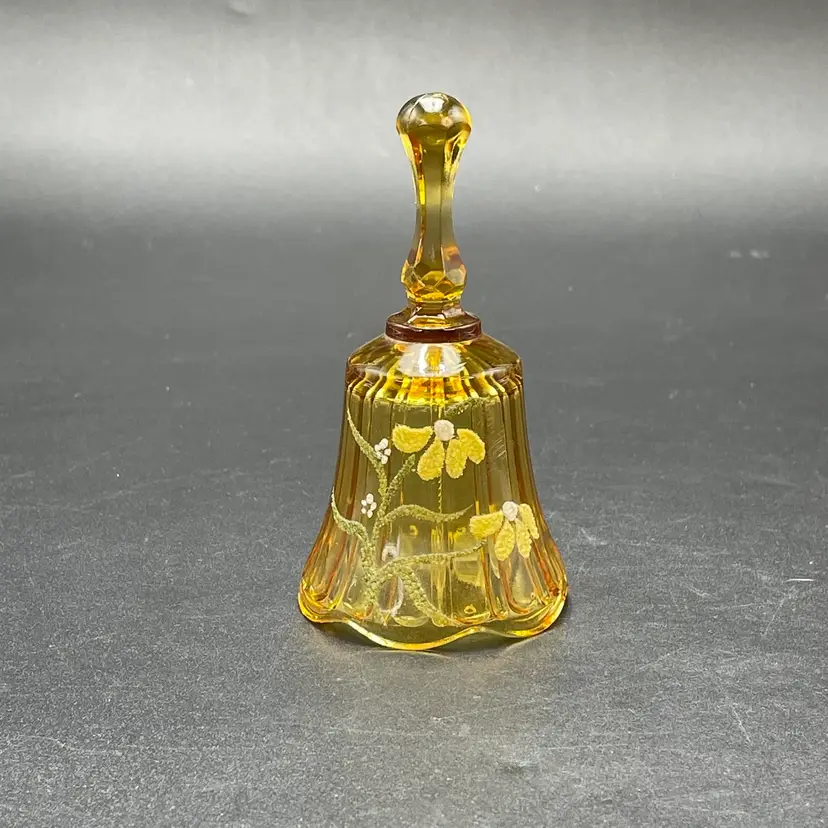 Fenton Art Glass Amber Bell Hand Painted Flowers Signed Small Vintage
