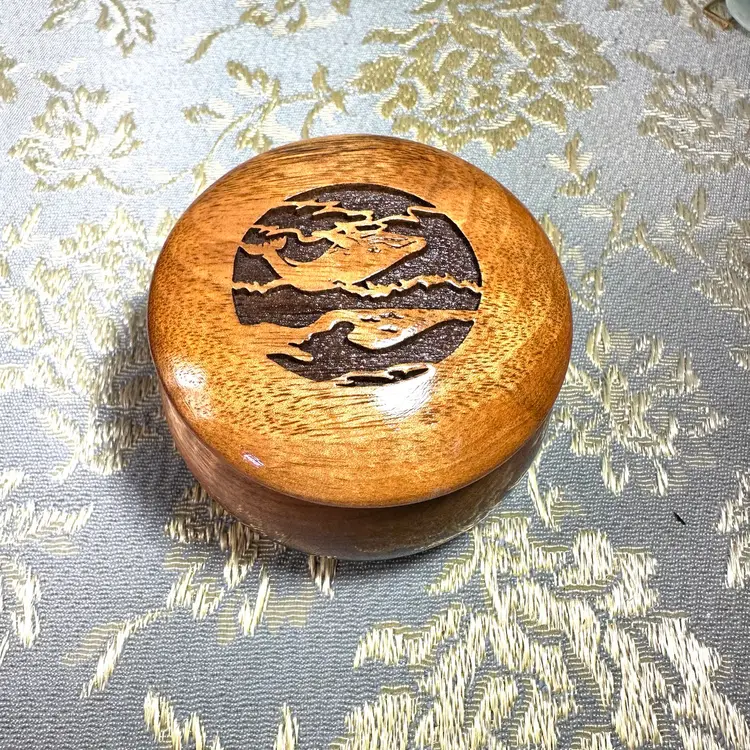 Carved Wood Trinket Box Whale in Relief On Lid from Crescent City CA Gift Shop