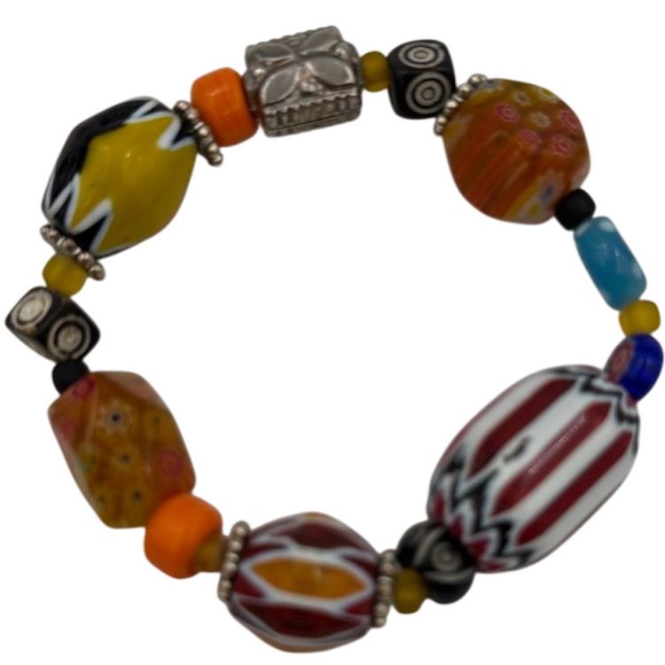 Glass Bead Bracelet Two Millefiori Beads One Chevron One Inch Bead Fits A 7in Wrist Very Colorful.