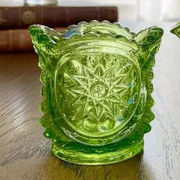 Vintage green glass mini vessel, Indiana Glass in the Sunburst pattern. 2” T & 2” W