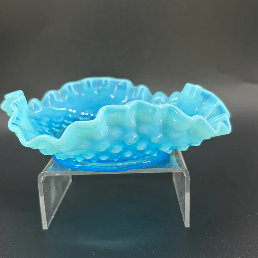 Vintage Fenton Blue Opalescent Hobnail Ruffled Candy Dish