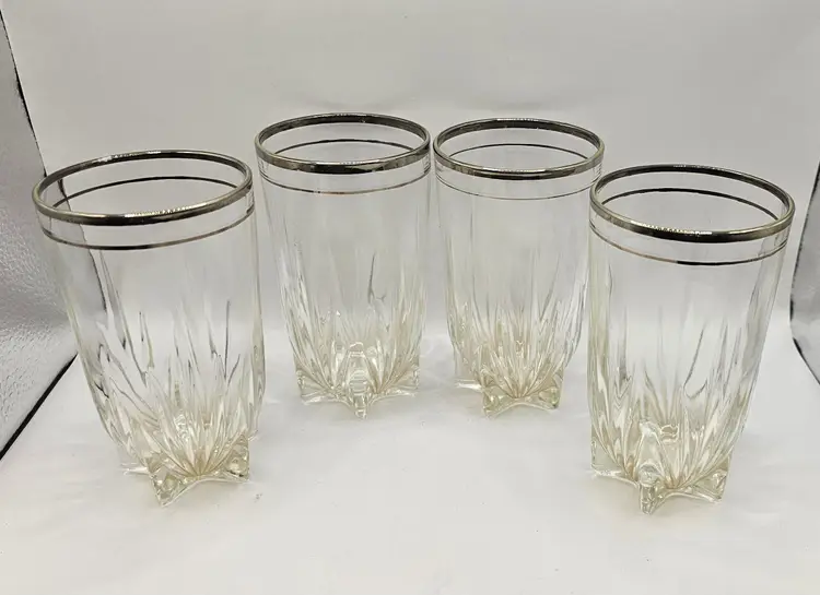 Set of 4 Federal Clear Glass Star Bottom Silver Rim Iced Tea Glasses