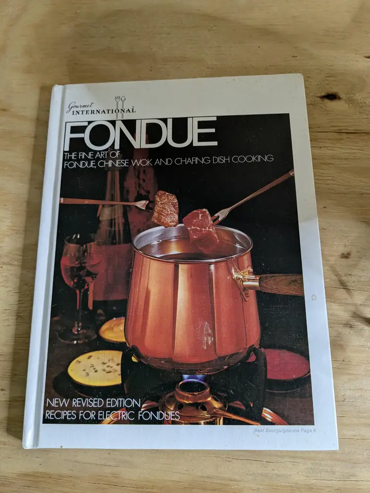 Gourmet International Fondue Set 2 Melting Pots 3 Section Dipping Tray 14 Skewers Fondue Cookbook Vintage Fondue Cooking Set